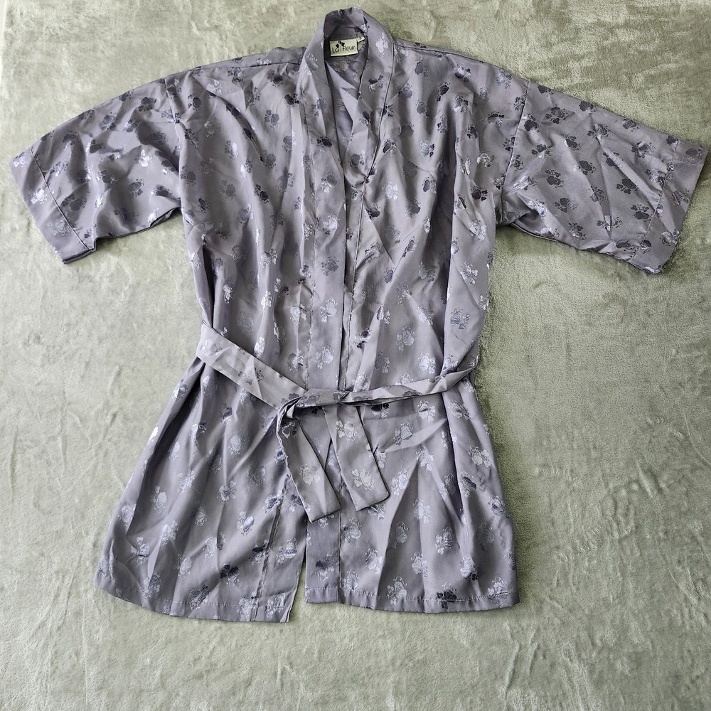 Vintage La Fleur Purple Robe Housecoat Size S Floral Belt 90s 3/4 Sleeve‎